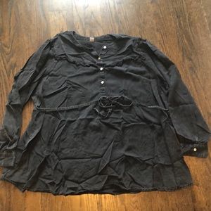 black denim maternity shirt with ruffles and tie